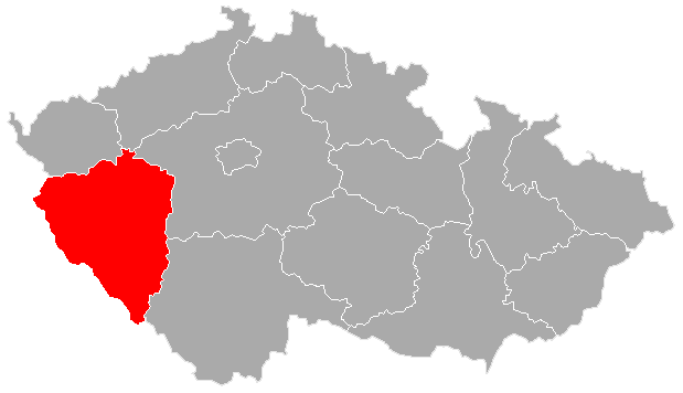 Mapa ČR s červeně zvýrazněným Plzeňským krajem